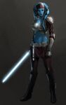  1girl alien armor belt blue_lightsaber blue_skin boots brown_pants colored_skin highres holding_lightsaber karolding looking_at_viewer metal_bra midriff pants pauldrons pelvic_curtain shoulder_armor simple_background solo star_wars twi&#039;lek vambraces watermark 