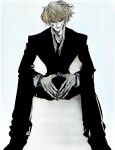  1boy alternate_costume alternate_hair_color black_nails black_necktie black_suit blonde_hair facepaint facial_mark formal full_body highres hisoka_morow hunter_x_hunter hxh_o0 male_focus necktie short_hair simple_background sitting smile solo star_(symbol) star_facial_mark suit teardrop_facial_mark teardrop_tattoo white_background white_suit yellow_eyes 