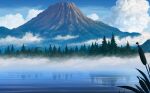  blue_sky cloud fog forest game_cg justinas_vitkus lake landscape misty_lake mountain mountainous_horizon nature no_humans official_art outdoors pine_tree plant_request reflection reflective_water sky third-party_source touhou touhou_cannonball tree 