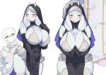  1boy 1girl absurdres animal_ears black_gloves blush elbow_gloves furry furry_female gloves goat_ears goat_girl goat_horns habit highres horns mature_female nia_(nia4294) nun pelvic_curtain priest revealing_clothes sans skeleton smile thighhighs toriel undertale white_fur 