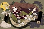  1girl animal_ears brown_hair closed_mouth forbidden_scrollery futatsuiwa_mamizou futatsuiwa_mamizou_(human) glasses japanese_clothes kimono leaf leaf_on_head long_hair looking_at_viewer pince-nez pupukapu336 raccoon_ears smile solo tanuki touhou upper_body 