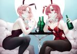  2girls :o absurdres animal_ears bird black_pantyhose bottle braid breasts cleavage_cutout clothing_cutout collarbone detached_collar dual_persona fake_animal_ears hair_behind_ear hand_on_own_cheek hand_on_own_face highres holding holding_bottle indie_virtual_youtuber kanesaki looking_at_viewer medium_breasts multiple_girls nini_yuuna open_mouth pantyhose parted_bangs parted_lips penguin pink_hair playboy_bunny rabbit_ears red_eyes side_braid smile virtual_youtuber waist_cutout wrist_cuffs 