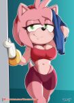  accessory amy_rose anthro big_breasts blush bodily_fluids bottomwear bracelet brachyzoid breasts cleavage clothed clothing crop_top eulipotyphlan female fur gloves green_eyes hair_accessory hairband handwear hedgehog jewelry mammal navel pink_body pink_fur sega shirt shorts solo sonic_the_hedgehog_(series) sweat thong topwear towel underwear wiping_face 