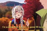  1boy 1girl ahoge blurry blurry_background braid day english_text fangs glasses grey_hair horns indie_virtual_youtuber neon_genesis_evangelion open_mouth outdoors profanity red_eyes saruei saruei_(vtuber) scar scar_across_eye subtitled sweatdrop teeth tongue tree upper_body virtual_youtuber 