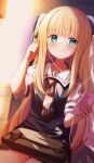  1girl 1other baram blonde_hair blurry blurry_background blush cellphone closed_mouth commentary_request depth_of_field earbuds earphones green_eyes highres holding holding_phone long_hair mononobe_alice nijisanji phone school_briefcase shared_earphones shirt short_sleeves sitting smile solo_focus sunlight sunset sweater_vest train_interior very_long_hair virtual_youtuber white_shirt window 