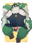  2023 absurd_res anthro barely_visible_genitalia barely_visible_penis belly big_belly blush canid canine canis censored clothed clothing cute_fangs domestic_dog dumdum genitals green_body hi_res kemono male mammal moobs nipples one_eye_closed overweight overweight_male penis shinosuke solo tamacolle wink 