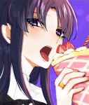  1girl absurdres assault_lily black_hair black_ribbon blurry blurry_background commentary crepe depth_of_field eating food fruit hair_between_eyes hand_up highres holding holding_food jewelry kikikaikai_(kikikaikai_chan) long_hair looking_at_viewer neck_ribbon open_mouth portrait purple_background purple_eyes ribbon ring school_uniform shirai_yuyu sidelocks simple_background solo strawberry teeth tongue tongue_out upper_teeth_only yurigaoka_girls_academy_school_uniform 