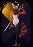  anthro black_body black_fur blindfold canid cheek_tuft chest_tuft facial_tuft front_view full-length_portrait fur hi_res lionfloof male mammal markings melee_weapon mouth_closed nude obscured_eyes portrait red_body red_fur simple_background solo standing striped_markings striped_tail stripes sword tail tail_markings tuft weapon white_body white_fur 