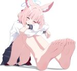  1girl animal_ear_fluff animal_ears barefoot blue_archive blue_skirt blush closed_eyes commentary_request crossed_arms feet foot_focus fox_ears full_body halo head_rest highres knees_up legs long_sleeves looking_at_viewer niko_(blue_archive) no_shoes open_mouth panties pantyshot pink_hair pleated_skirt puffy_long_sleeves puffy_sleeves school_uniform serafuku shirt simple_background sitting skirt smile soles solo thighs toes tomu_(tom_309k) underwear white_background white_panties white_shirt 