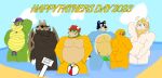  2023 adventure_time alligator alligatorid anthro asgore_dreemurr bandit_heeler beach belly big_belly blue_body bluey_(series) bovid bovine bowser brok_(character) brok_the_investigator brown_body butt canid canine canis cartoon_network clothing convenient_censorship crocodilian disney domestic_dog english_text father&#039;s_day green_body group hat headgear headwear hi_res holidays jake_the_dog koopa male mammal mario_bros mature_male moobs nintendo outside overweight overweight_male papa_titan_(the_owl_house) reptile scalie seaside text the_owl_house titan_(the_owl_house) tokerutrash undertale_(series) water 