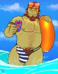  1boy alternate_costume bara beach belly blue_male_swimwear brown_hair chest_hair colored_skin covered_penis eyewear_on_head feet_out_of_frame full_beard green_skin hairy highres holding holding_innertube innertube large_pectorals looking_at_viewer male_focus male_pubic_hair male_swimwear mature_male medium_hair monster_boy multicolored_male_swimwear muscular muscular_male navel_hair onlytusks orc original pectorals plump pointy_ears pubic_hair smile solo standing sunglasses swim_briefs thick_beard thick_eyebrows thick_thighs thighs topless_male tusks unconventional_male_swimwear wading white_male_swimwear zorg_(onlytusks) 