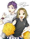  1boy 1girl black_shirt commentary_request dot_nose hagiwara_daisuke hand_up holding holding_pom_poms hori-san_to_miyamura-kun ishikawa_tooru looking_at_viewer open_mouth pom_pom_(cheerleading) purple_eyes purple_hair shirt short_bangs short_hair short_sleeves short_twintails t-shirt teeth twintails upper_body upper_teeth_only white_background white_shirt wristband yellow_eyes yoshikawa_yuki_(hori-san_to_miyamura-kun) 