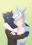  anthro blue_body blue_fur canned_(artist) clothing dark_nose duo embrace eyes_closed felid feline fur hair hi_res hug jacket male male/male mammal multicolored_body multicolored_fur multicolored_hair rixxa_(darksci) sergal topwear two_tone_body two_tone_fur whiskers white_body white_fur yellow_eyes 