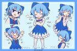  1girl :d blue_background blue_bow blue_dress blue_hair bow cirno cirno_day closed_eyes commentary detached_wings dress english_commentary english_text ferdy&#039;s_lab hair_bow highres ice ice_wings mini_person minigirl multiple_views on_head open_mouth person_on_head short_hair simple_background smile touhou wings 