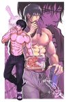  1boy abs adrienwithane_(ap00c) alternate_costume bara black_hair collage eating food fushiguro_touji hair_between_eyes highres jujutsu_kaisen looking_at_viewer male_focus muscular muscular_male navel nipples pants pizza projected_inset sanpaku scar scar_on_face scar_on_mouth short_hair slippers socks stomach topless_male track_pants wiping_mouth 