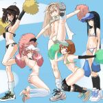  5girls alternate_costume arm_warmers bandaid bandaid_on_face bikini black_bikini black_gloves black_hair black_socks blonde_hair blue_background blue_headwear blunt_bangs brown_eyes brown_hair food_print full_body gloves green_bikini hair_bobbles hair_flaps hair_ornament hatsuyuki_(kancolle) hatsuzuki_(kancolle) highres holding holding_pom_poms kanno_wagon kantai_collection kicking long_hair multiple_girls oboro_(kancolle) orange_hair outstretched_arms pink_eyes pink_hair pom_pom_(cheerleading) red_eyes sazanami_(kancolle) scarf shoes short_hair side-tie_bikini_bottom single_arm_warmer sneakers socks strawberry_print swimsuit twintails visor_cap white_bikini white_headwear white_scarf white_socks yellow_eyes yuudachi_(kancolle) yuudachi_kai_ni_(kancolle) 