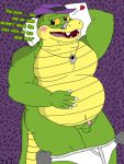  &lt;3 2023 alligator alligatorid anthro balls belly big_belly blush brok_(character) brok_the_investigator clothing crocodilian erection genitals green_body hat headgear headwear male overweight overweight_male penis reptile scalie small_penis solo solo_focus tokerutrash underwear undressing 