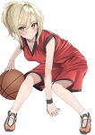  1girl absurdres ball basketball_(object) basketball_uniform blonde_hair blush closed_mouth full_body highres holding holding_ball kawai_ritsu_(rits_meg) looking_at_viewer love_live! love_live!_nijigasaki_high_school_idol_club miyashita_ai orange_footwear red_shirt red_shorts shirt shoes short_ponytail short_sleeves shorts sidelocks socks solo sportswear swept_bangs white_background white_socks wristband yellow_eyes 