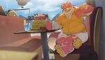 2023 absurd_res anthro belly big_belly birthday_cake bottomwear cake canid canine clothing dessert detailed_background food group hi_res kemono male mammal overweight overweight_male piero03432812 shirt shorts sitting topwear 