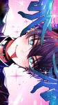  1boy arms_up black_choker black_hair blue_eyes blue_gloves blush choker closed_mouth commentary_request ear_piercing earrings eyelashes fang gloves gradient_background hair_between_eyes highres jewelry looking_at_viewer male_focus multicolored_eyes nijisanji nijisanji_en oshi_no_ko piercing pink_background pointy_ears purple_eyes ren_zotto short_hair sideways simple_background skin_fang smile solo sparkle star-shaped_pupils star_(symbol) striped striped_background symbol-shaped_pupils tongue tongue_out upper_body v-shaped_eyebrows virtual_youtuber yoy_(0yyoyy0) 