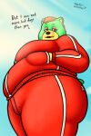  animal_crossing anthro bear breasts butt charlise_(animal_crossing) clothing female fur green_body green_fur hi_res looking_at_viewer low-angle_view mammal nintendo overweight overweight_female oystercatcher7 solo thick_thighs tracksuit 