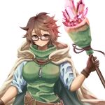  1girl aussa_(yu-gi-oh!) aussa_the_earth_channeler belt breasts brown-framed_eyewear brown_belt brown_eyes brown_gloves brown_hair brown_robe closed_mouth commentary_request cowboy_shot duel_monster glasses gloves green_sweater hair_between_eyes holding holding_staff hood hood_down hooded_robe jewelry large_breasts light_blush looking_at_viewer necklace okuratora open_clothes open_robe rectangular_eyewear ribbed_sweater robe short_hair sidelocks simple_background smile solo staff standing sweater turtleneck turtleneck_sweater vial white_background yu-gi-oh! 