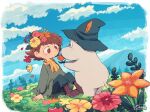  2boys amazou black_eyes brown_eyes brown_footwear brown_hair cloud cloudy_sky commentary_request day flower grass hat_feather holding holding_flower male_focus moomin moomintroll mountain multiple_boys nature no_headwear on_grass on_ground outdoors sky snufkin tail tree 