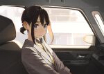  1girl blush brown_eyes brown_hair car car_interior closed_mouth commentary_request douki-chan_(douki-chan) ganbare_douki-chan grey_jacket jacket long_sleeves looking_at_viewer motor_vehicle shirt sidelocks solo yellow_shirt yomu_(sgt_epper) 