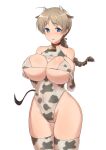  1girl animal_ears animal_print bell bikini blue_eyes blush bottle braid braided_ponytail breasts brown_hair cleavage covered_navel covered_nipples cow_ears cow_horns cow_print cow_tail cowbell fake_animal_ears fake_horns fake_tail hair_ribbon highres horns large_breasts leotard long_hair looking_at_viewer lynette_bishop micro_bikini milk neck_bell open_mouth ponytail print_leotard print_thighhighs ribbon smile solo strike_witches swimsuit tail thighhighs varie7k world_witches_series 