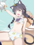  1girl absurdres ahoge animal_ear_fluff animal_ears arm_support bikini bird blue_archive blush braid brown_headwear cat_ears cat_girl cat_tail closed_eyes commentary coral fish flat_chest grey_halo hair_ribbon halo hand_up hat hat_around_neck highres kemonomimi_mode leaf leaf_on_head leaf_print long_hair miyu_(blue_archive) miyu_(swimsuit)_(blue_archive) n3moni navel official_alternate_costume open_mouth print_bikini ribbon sitting solo straw_hat swimsuit tail tears twin_braids white_bikini white_ribbon 