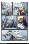  anthro biped blonde_hair blue_body blue_clothing bmbrice clothed clothing colored comic dialogue dialogue_box duo english_text female green_eyes hair hi_res humanoid male nazuret_fallan nazuret_kheilafi open_mouth outside red_clothing speech_bubble supercell_(comic) tan_body text zeikauko 