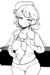  1girl :q \||/ box breasts cowboy_shot greyscale half-closed_eyes hand_on_own_chest hand_up highres himajin_noizu key large_breasts looking_at_viewer medium_hair monochrome no_pants open_clothes open_shirt panties simple_background solo swept_bangs tongue tongue_out touhou underwear white_background yamashiro_takane 