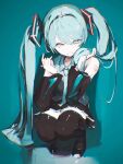  1girl 39 aqua_background aqua_eyes aqua_hair black_thighhighs black_wrist_cuffs blue_necktie collared_shirt full_body grey_shirt hatsune_miku highres long_hair looking_at_viewer miku_day necktie roundbee shirt sleeveless sleeveless_shirt solo thighhighs twintails vocaloid wrist_cuffs 