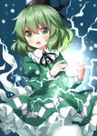  1girl black_headwear black_ribbon blush dress electricity frilled_dress frills ghost_tail green_dress green_eyes green_hair hair_between_eyes hat highres juliet_sleeves long_sleeves ofuda ofuda_on_clothes open_mouth puffy_sleeves ribbon ruu_(tksymkw) short_hair soga_no_tojiko solo tate_eboshi touhou 