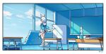  1girl arona&#039;s_sensei_doodle_(blue_archive) arona_(blue_archive) blue_archive blue_hair blue_shirt blue_sky blue_theme border bottle bow_hairband broken_wall chalkboard classroom cloud desk from_side gun hair_ribbon hairband holding holding_gun holding_weapon kuroinu9 light_blue_hair long_sleeves looking_afar puffy_long_sleeves puffy_sleeves ribbon sailor_collar school_desk school_uniform sensei_(blue_archive) serafuku shirt short_hair signature skirt sky solo standing sunlight umbrella_gun water_bottle weapon weapon_behind_back white_footwear white_hairband white_ribbon white_sailor_collar white_skirt window 