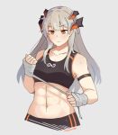  1girl bandaged_hand bandages black_shorts blush breasts closed_mouth crop_top grey_hair gym_shorts hair_ornament highres kibashiba long_hair medium_breasts midriff navel orange_eyes original shorts solo sports_bra stomach 