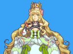  bare_shoulders blonde_hair blue_background bow bridal_gauntlets butterfly_hair_ornament celine_(fire_emblem) closed_mouth criss-cross_halter crown dress dress_bow fire_emblem fire_emblem_engage flower glaceo green_bow green_dress green_eyes hair_flower hair_ornament halterneck long_hair looking_at_viewer orange_bow pixel_art smile solo very_long_hair wrist_bow 