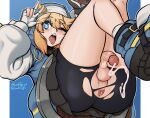  androgyne_symbol androgynous anus ass bike_shorts bike_shorts_under_skirt blonde_hair blue_eyes bridget_(guilty_gear) cum cum_in_ass guilty_gear guilty_gear_strive highres legs_up lord_guyis one_eye_closed penis shoes solo testicles thick_thighs thighs tongue tongue_out torn_clothes v 