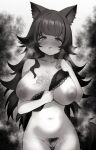  1girl absurdres animal_ears belly black_bra black_hair blush bottomless bra breasts breath commission cowboy_shot darkdeaththorn drooling greyscale hand_on_own_chest highres hololive lace-trimmed_bra lace_trim large_areolae large_breasts long_hair looking_at_viewer monochrome multicolored_hair navel nose_blush ookami_mio pubic_hair pussy solo stomach streaked_hair tail underwear very_long_hair virtual_youtuber vomit wolf_ears wolf_girl wolf_tail 