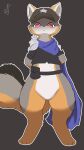  2023 3_toes absurd_res ambiguous_gender anthro arms_by_side belt black_body black_fur black_nose brown_body brown_fur canid canine cape clothing feet fox fur glare grey_body grey_fur hands_behind_back hat headgear headwear hi_res looking_at_viewer mammal puniwanko red_eyes shirt solo toes topwear uniform zerath_solo_farming_in_the_tower 