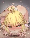  1boy 1girl absurdres ahoge artoria_caster_(fate) artoria_pendragon_(fate) ass blonde_hair blush cum cum_in_mouth ebora expressive_hair fate/grand_order fate_(series) fellatio green_eyes headpat heart hetero highres oral 