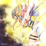  1girl angel angel_wings angewomon arm_up armpits asymmetrical_clothes bare_shoulders belt black_belt blonde_hair bodysuit breasts cleavage closed_mouth commentary_request covered_eyes cowboy_shot digimon digimon_(creature) elbow_gloves feathered_wings floating_hair gloves hagoromo helmet large_breasts long_hair multiple_wings navel o-ring o-ring_bottom o-ring_panties panties shawl sidelocks signature skindentation solo thigh_strap underwear watanabe_kenji white_bodysuit winged_helmet wings wrist_wings zipper 