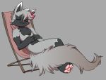  2023 ambiguous_gender anthro black_body black_fur chest_tuft crossed_legs crotch_tuft eyes_closed fur generation_3_pokemon grey_background grey_body grey_fur hi_res lawn_chair lying murzikteijiro nintendo on_back pawpads paws pokemon pokemon_(species) poochyena red_nose renne_(poochyena) resting simple_background solo tuft white_body white_fur 