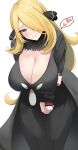  1girl absurdres arm_under_breasts black_coat black_pants black_shirt blonde_hair blush breasts cleavage closed_mouth coat cynthia_(pokemon) fur-trimmed_sleeves fur_collar fur_trim grey_eyes hair_ornament hair_over_one_eye heart highres holding holding_own_arm holding_poke_ball huge_breasts kunizaki leaning_forward looking_at_viewer pants poke_ball poke_ball_(basic) pokemon pokemon_(game) pokemon_dppt shirt simple_background solo spoken_heart white_background 
