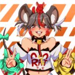  1990s_(style) 1girl animal_ear_fluff animal_ears bare_shoulders black_collar blue_bow blush bow buck_teeth cheese clothes_writing collar cosplay crop_top detached_sleeves dice_hair_ornament food grey_hair hair_between_eyes hair_ornament hakos_baelz hakos_baelz_(1st_costume) hakos_baelz_(cosplay) highres hololive hololive_english jewelry key_necklace long_bangs long_sleeves looking_at_viewer midriff mouse mouse_ears mouse_girl mouse_tail multicolored_hair nazrin necklace off-shoulder_shirt off_shoulder open_mouth red_eyes red_hair retro_artstyle shirt short_hair sleeve_bow smile solo spiked_collar spikes step_arts strapless strapless_shirt streaked_hair tail tail_bow tail_ornament teeth touhou upper_body v white_hair white_shirt yellow_bow 