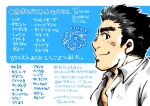  1boy bara black_hair blush from_side kano_(kano_to10) looking_at_viewer male_focus partially_unbuttoned profile protagonist_3_(housamo) salomon_(housamo) short_hair sideburns sideways_glance solo text_focus thick_eyebrows tokyo_afterschool_summoners translation_request upper_body 