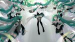  6+girls absurdres aqua_eyes aqua_hair aqua_nails aqua_necktie asahi_kuroi black_sleeves boots breasts detached_sleeves feathers frilled_skirt frills hands_on_own_chest hatsune_miku hatsune_miku_happy_16th_birthday_-dear_creators- highres multiple_girls multiple_persona necktie own_hands_clasped own_hands_together skirt thigh_boots vocaloid white_feathers zettai_ryouiki 