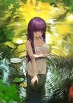  1girl aduo blunt_bangs breasts cleavage closed_mouth collarbone dress fern_(sousou_no_frieren) highres large_breasts long_hair looking_at_viewer partially_submerged purple_eyes purple_hair see-through see-through_dress sousou_no_frieren water wet wet_clothes wet_dress white_dress 