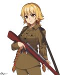  1girl absurdres belt_buckle blonde_hair brown_eyes buckle english_commentary gun highres holding holding_gun holding_weapon light_frown looking_at_viewer low_twintails meiyoshima military military_uniform original signature simple_background solo solo_focus soviet standing twintails uniform weapon white_background 