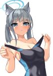  1girl adjusting_clothes adjusting_swimsuit animal_ear_fluff animal_ears bcag. black_one-piece_swimsuit blue_archive blue_eyes breasts commentary_request covered_navel grey_hair halo highres korean_commentary light_blush looking_at_viewer medium_breasts medium_hair mismatched_pupils mixed-language_commentary one-piece_swimsuit parted_lips ponytail shiroko_(blue_archive) shiroko_(swimsuit)_(blue_archive) simple_background skin_tight solo swimsuit two-tone_swimsuit upper_body white_background wolf_ears 